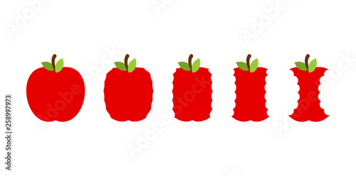 Stage of eating an apple. Whole fruit and stub