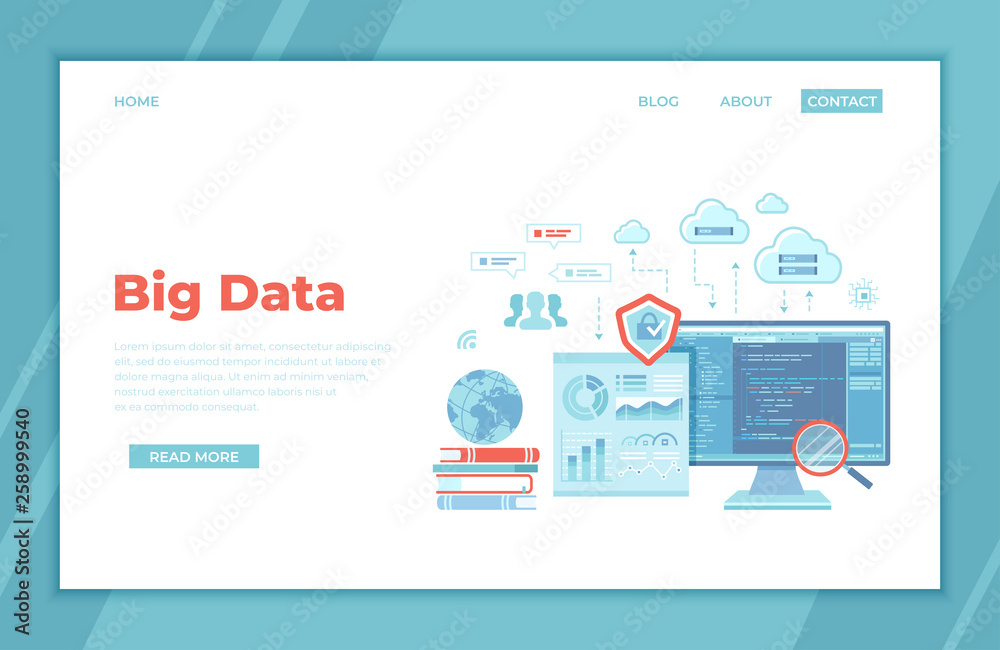 Big Data Processing, Infographic, Analysis, Analytics, Database research, Financial reporting, Cloud storage, Communication technology. Program code on monitor, graphs, charts, cloud server. landing 