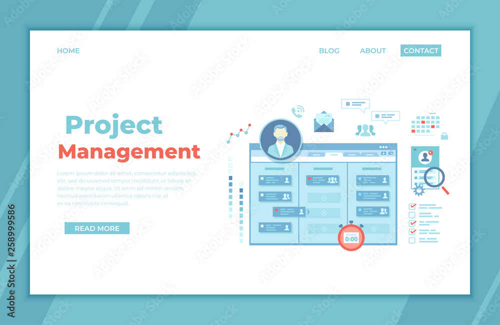 Project Management, Application Service for corporate managing, Team control, Manager, Effective distribution of tasks, Planning, Organization, Planner. landing page template, web banner. Vector
