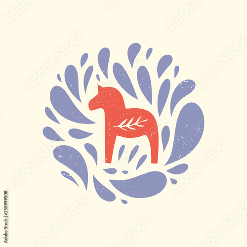 Swedish Dala red horse in the pattern, scandinavian folk design, floral ornament. Logo or label. Dalecarlian vector