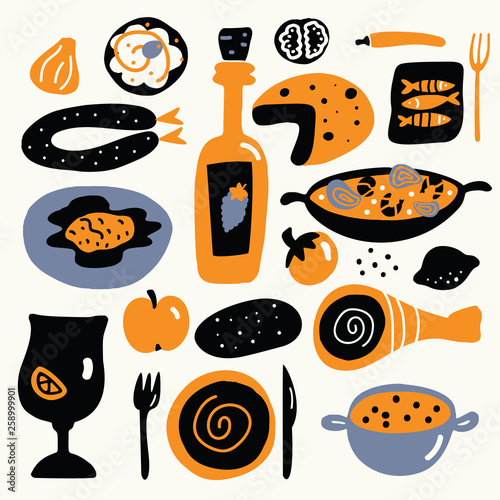 Vector cartoon illustration of mediterranean cuisine. Spanish food concept.