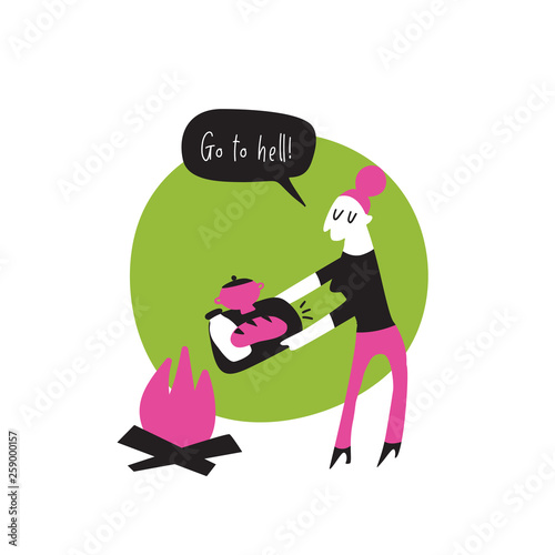 Vector cartoon illustration of woman, throwing out sugar, milk and bread in to fire. Quote Go to hell. Healthy eating obsession.