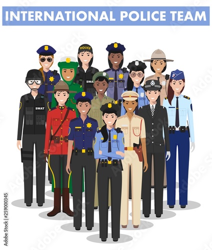 International police people concept. Detailed illustration of SWAT officer, policeman, policewoman and sheriff in flat style on white background. Vector illustration.