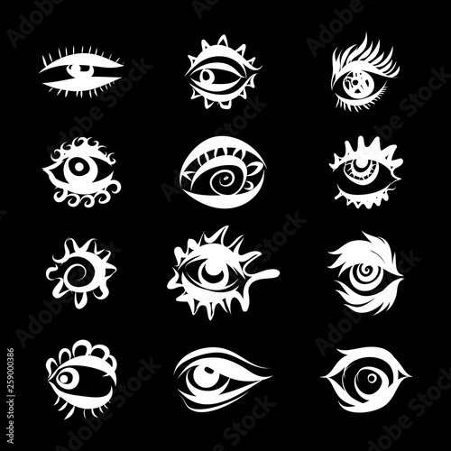 Set of Hand Drawn Different Eyes Icons. Monochrome Supervision and View Symbols Isolated on Black Background