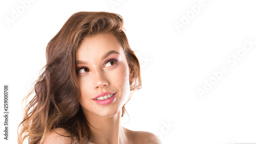 Beautiful woman face close up studio on white.