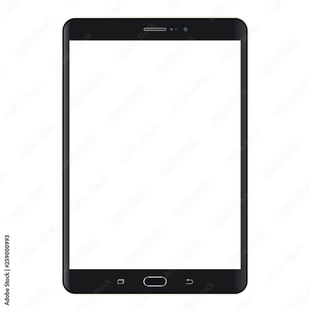Realistic black Tablet or Pad with white screen. Pad, Tablet computer front view. Black tablet computer and white blank screen. Realistic black Tablet or Pad with white screen. Pad, Tablet computer front view. Black tablet computer and white blank screen.