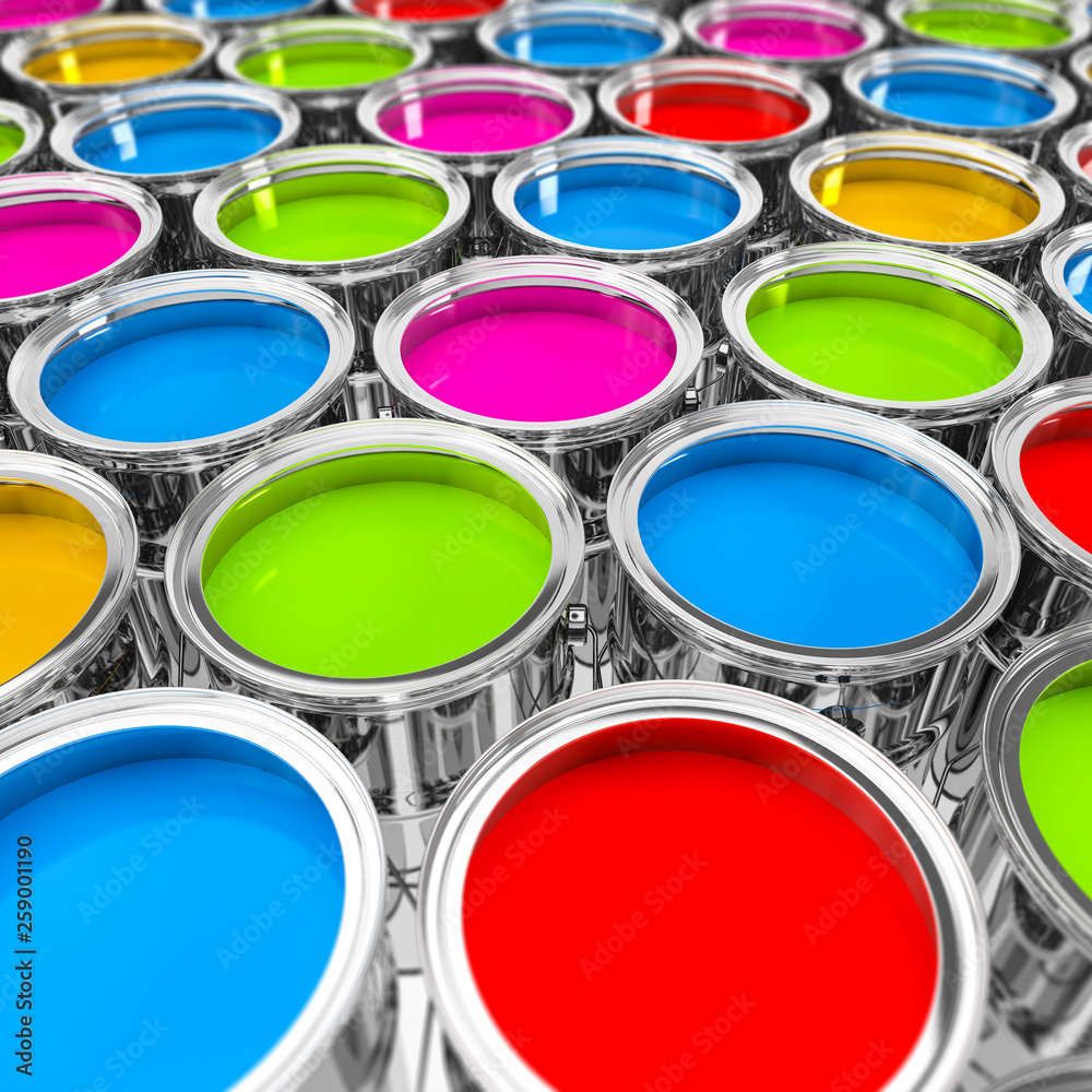 3d Illustration - Farbeimer - knallbunt Farben - Farbdose 3d Illustration - Farbeimer - knallbunt Farben - Farbdose