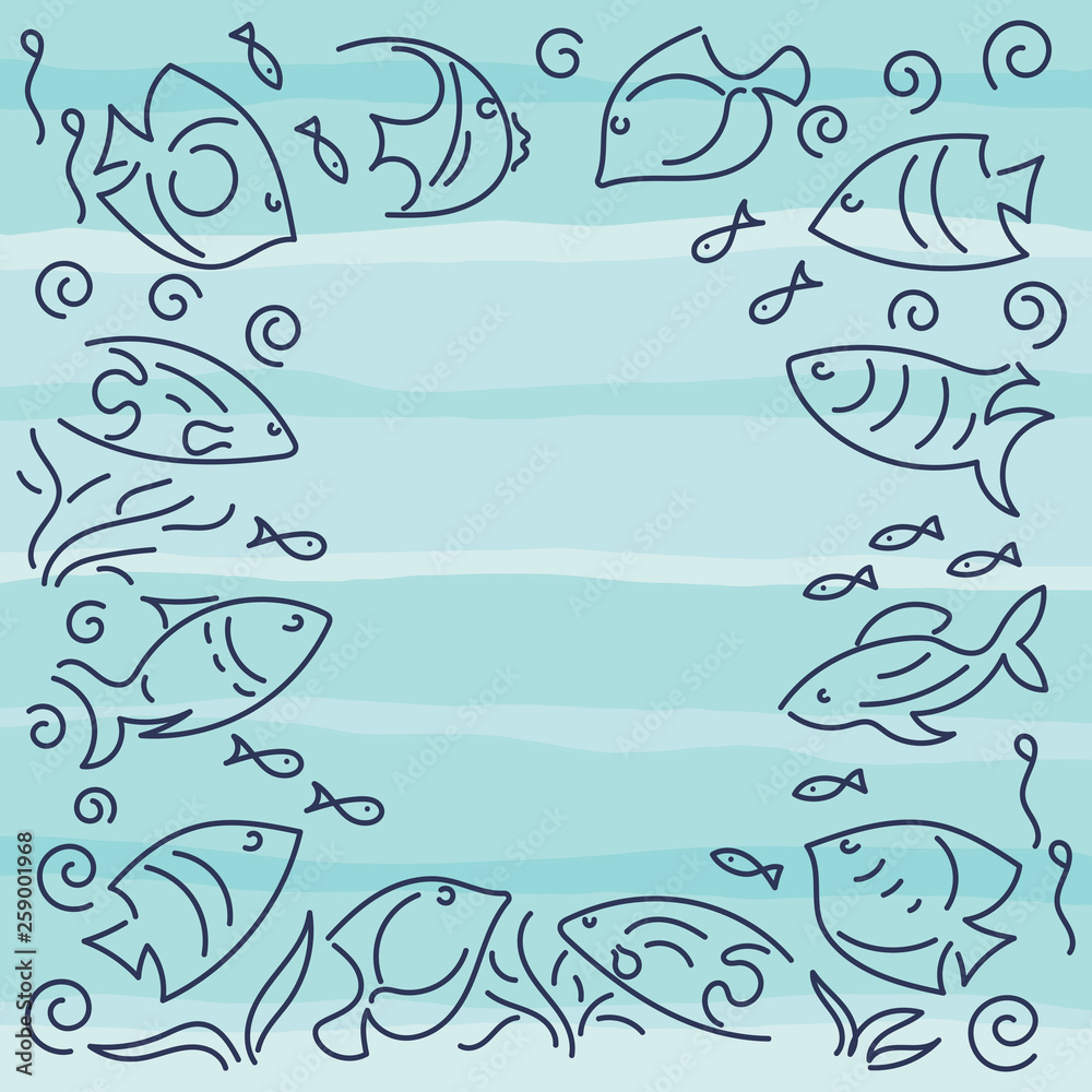 Doodle hand drawing background. Frame. Sea, Fish, whales . Vector illustration Doodle hand drawing background. Frame. Sea, Fish, whales . Vector illustration