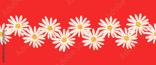 Daisy flowers seamless vector border. Distressed white vintage Chamomile flowers on red endless pattern. Contemporary seasonal ditsy floral repeat tile. Hand drawn retro design for cards, summer decor © StockArtRoom