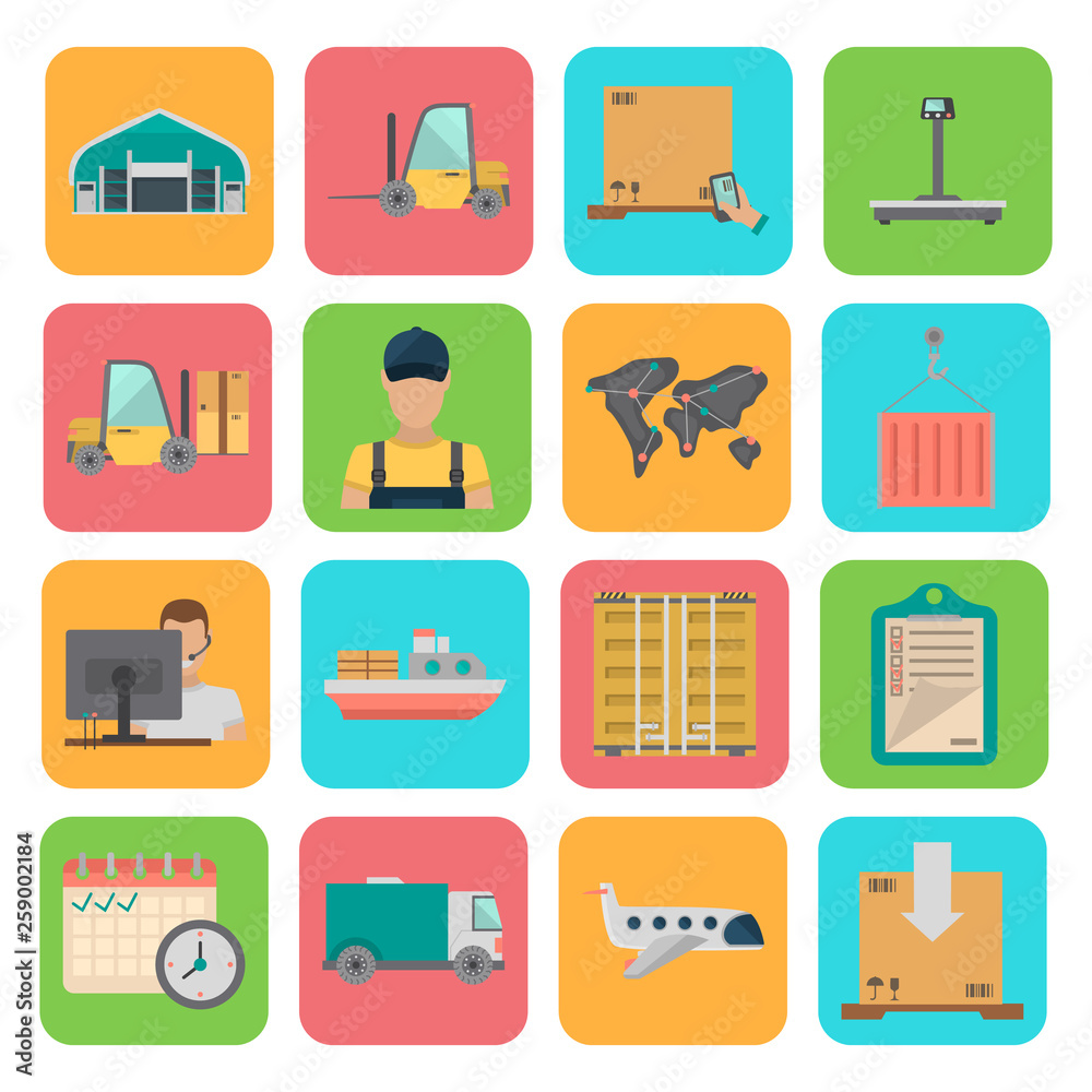 Logistics and delivery color flat icons set Logistics and delivery color flat icons set