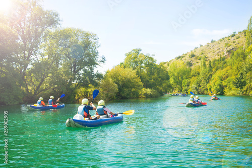 group of kayakers on river