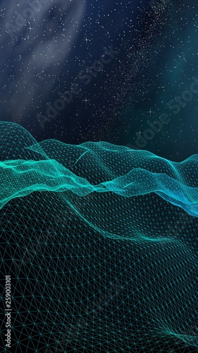 Abstract landscape on a dark background. Cyberspace grid. Hi-tech network. Outer space. Vertical orientation. Starry outer space texture. 3D illustration © Plastic man