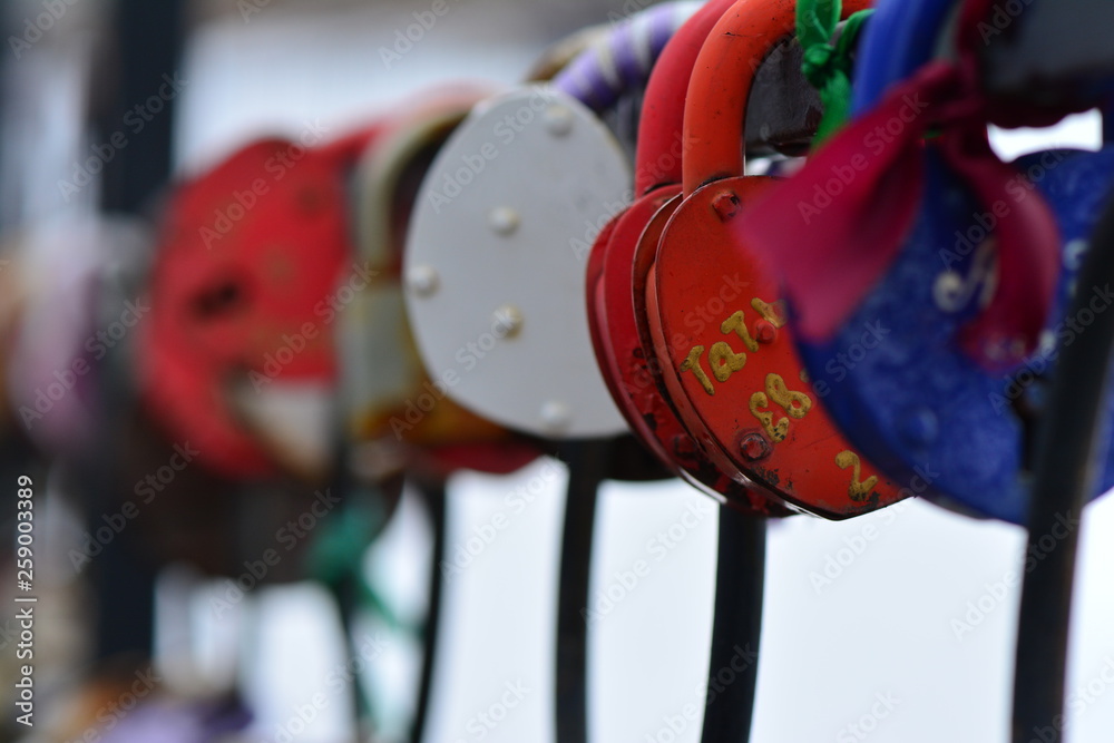 Fototapeta premium Closed lock from lovers newlyweds