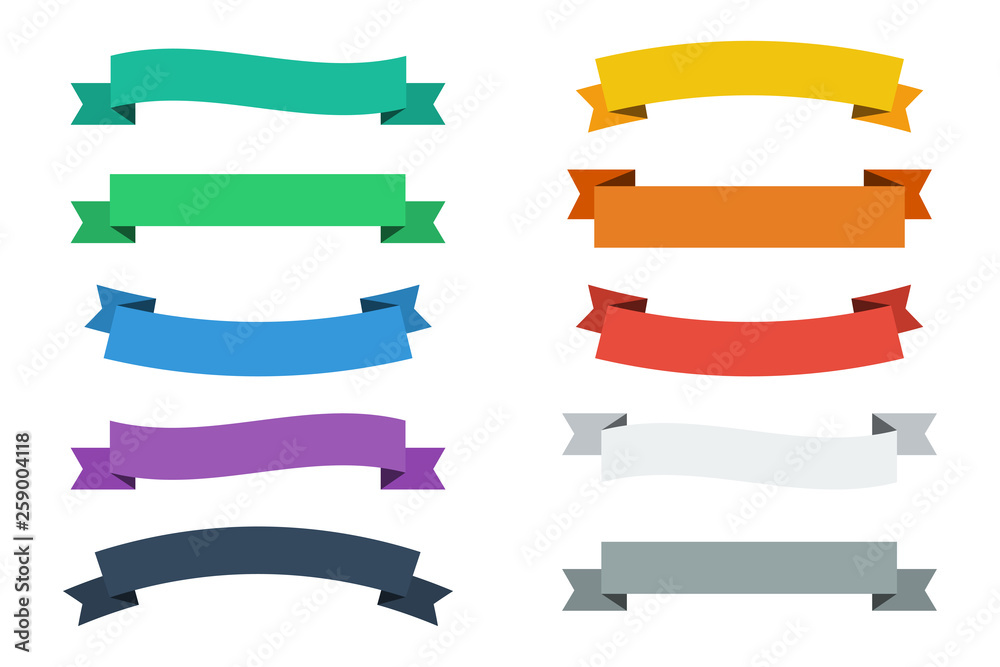 Vector ribbons in flat colors. Vector banners ribbons. Set of 10 ribbons
