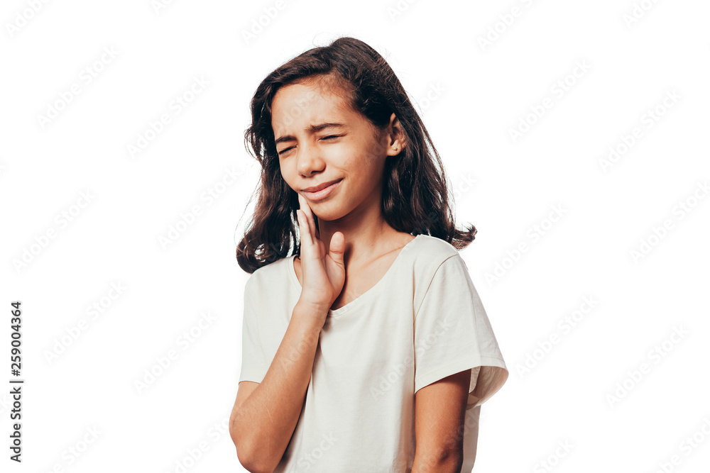 Portrait of young girl suffering with toothache on white background Portrait of young girl suffering with toothache on white background