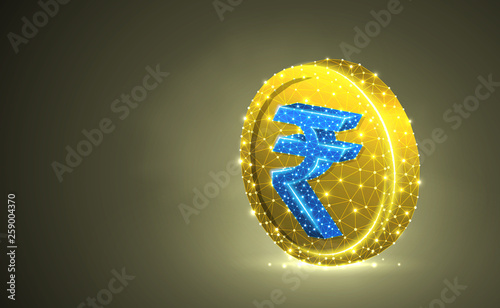 Rupee Golden Coin colorful 3d illustration. Colorful Polygonal Vector business, money, finance, cash, circle concept. Low poly wireframe, triangle, lines, dots, polygons. RGB color mode