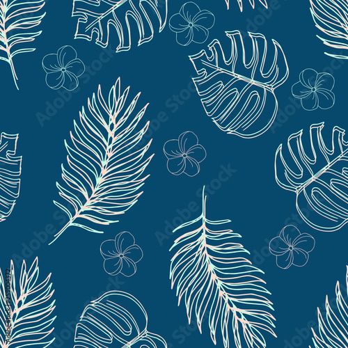 Vector seamless floral pattern of hand-drawn pink and green lines on blue background of monstera leaves and tropical plumeria flowers.