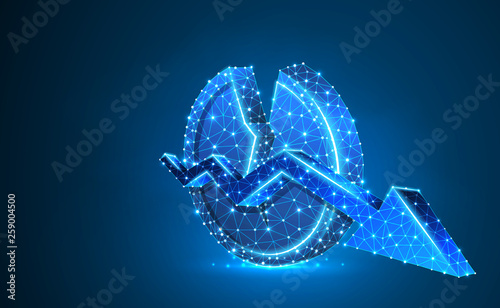 Broken Coin symbol with downtrend arrow. Neon 3d illustration. Polygonal Vector business, money, unstable finance, broken circle concept. Low poly wireframe, triangle, lines, dots, polygons