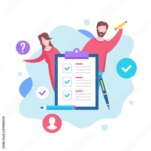 Checklist concept. Vector illustration. Survey, filling form, check list clipboard. Modern flat design graphic elements