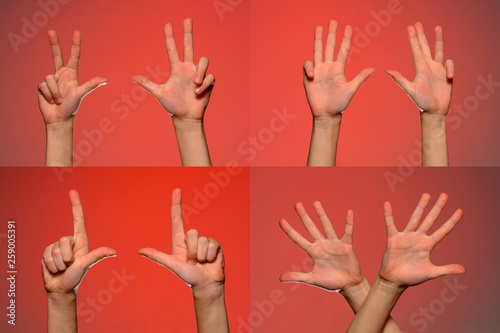 Male hand gestures and signs collection isolated over red background. Set of multiple pictures. Part of series