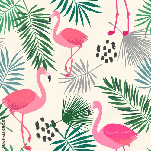 Exotic seamless repeat pattern with flamingos, tropical leaves and abstract dots on an ivory background