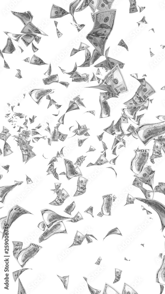 Fototapeta premium Flying dollars banknotes isolated on white background. Money is flying in the air. 100 US banknotes new sample. Black and white style. 3D illustration