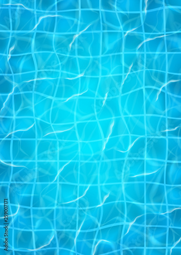 Vector poster with water surface in pool. Realistic transparent water with waves in pool. Vector illustration.