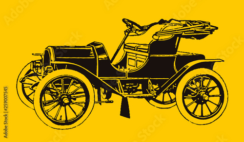 Antique electric motor car in quarter front view. Illustration after engraving from early 20th century