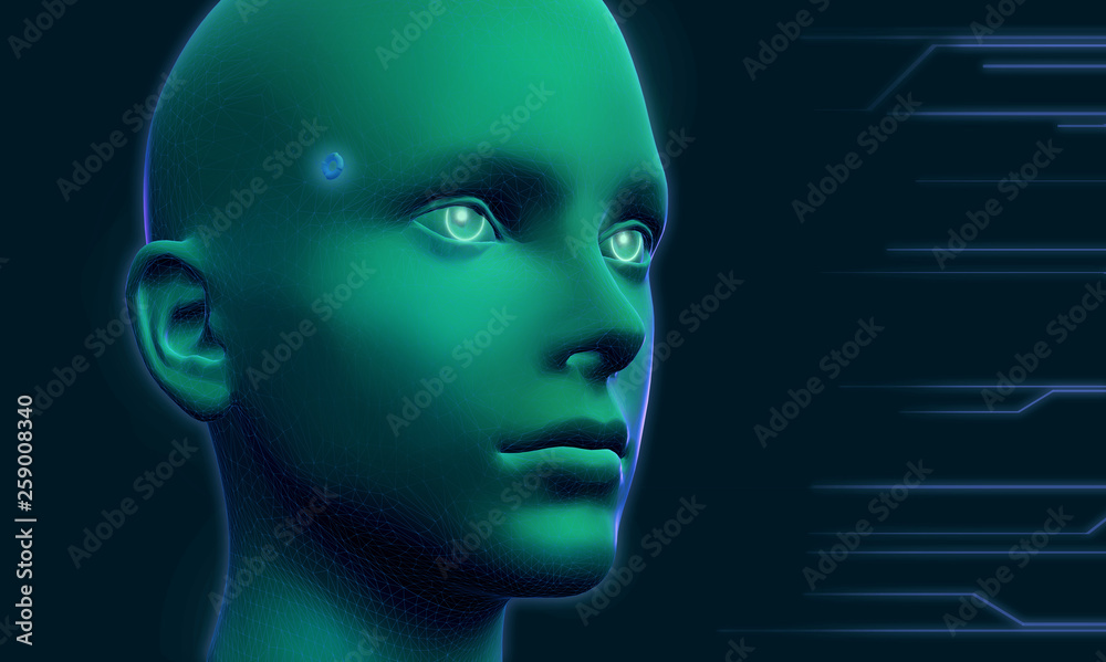 Android robot head with wireframe. Human head with cyber microchip. Artificial intelligence. 3d render Android robot head with wireframe. Human head with cyber microchip. Artificial intelligence. 3d render