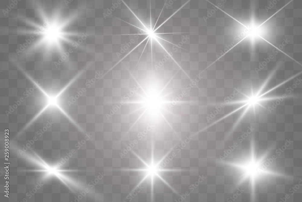 A set of bright beautiful stars. Light effect. Bright Star. Beautiful light for illustration. Christmas star.White sparkles shine special light effect. Vector sparkles on a transparent background.