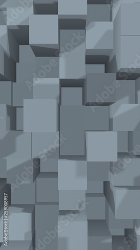 Fototapeta Naklejka Na Ścianę i Meble -  Abstract gray elegant cube geometric background. Chaotically advanced rectangular bars. 3D Rendering, 3D illustration