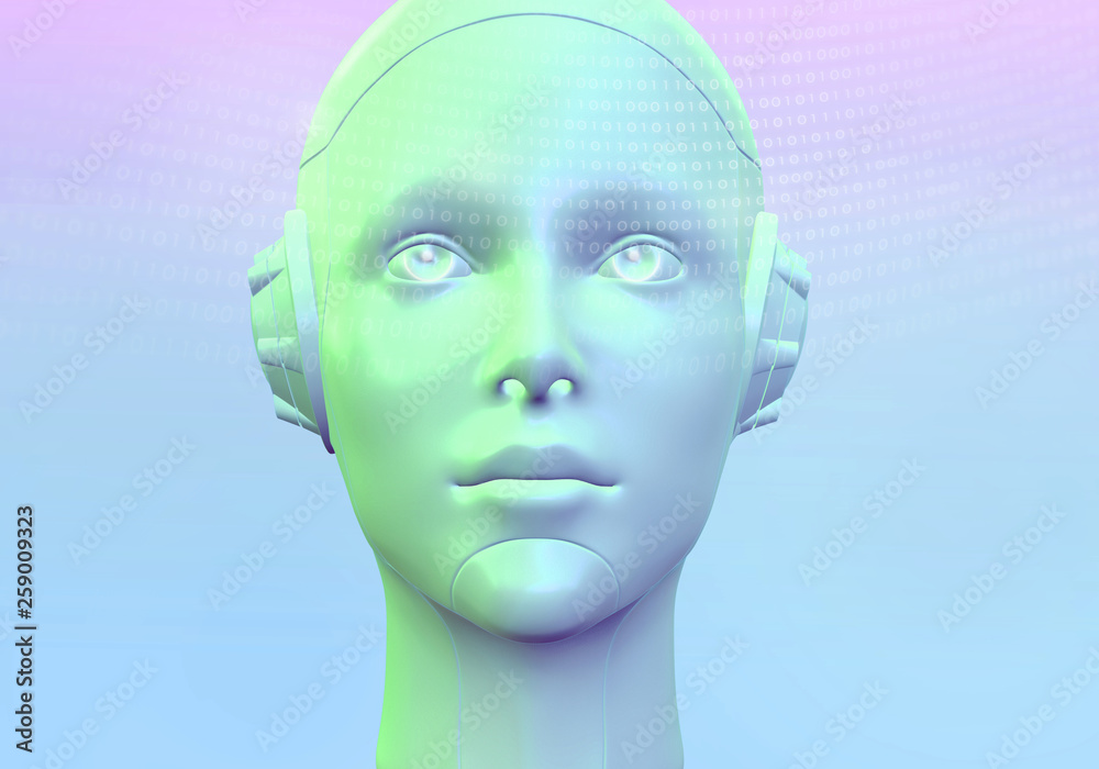 Robot analyzes data. Robotic head with binary code. Artificial intelligence, machine learning. 3d render Robot analyzes data. Robotic head with binary code. Artificial intelligence, machine learning. 3d render