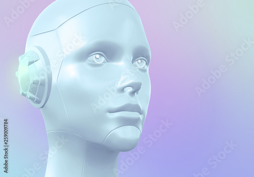 Realistic robotic head in neon colors. Artificial intelligence, machine learning. Technology background. 3d render