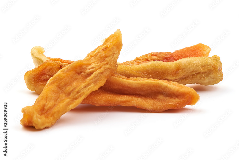 Dried Papaya Strips, sweet fruit slices, close-up, isolated on white background Dried Papaya Strips, sweet fruit slices, close-up, isolated on white background