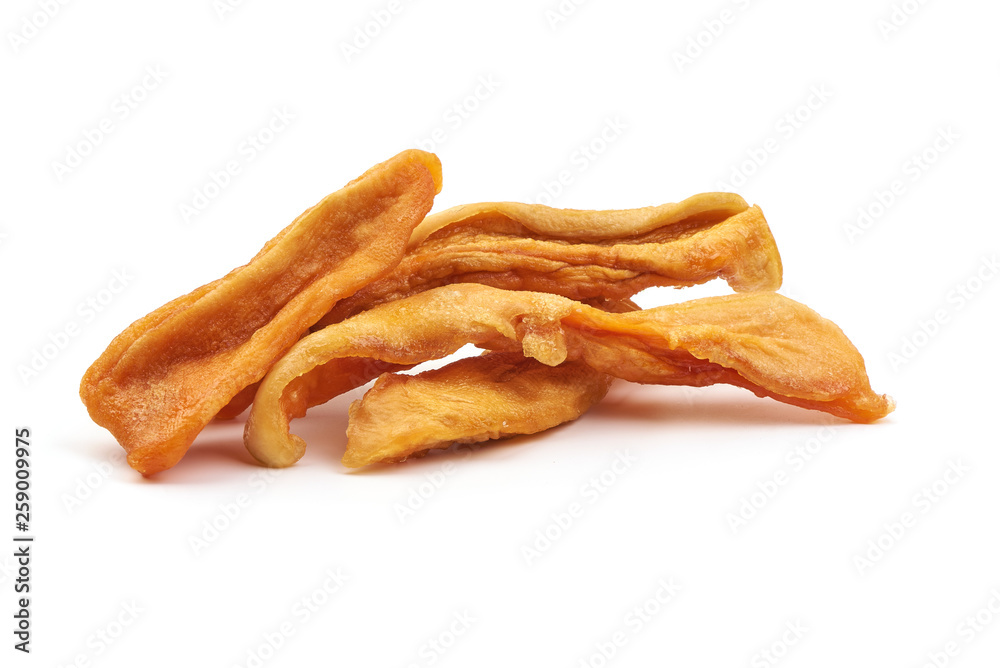 Tasty dried papaya strips, sweet fruit slices, close-up, isolated on white background Tasty dried papaya strips, sweet fruit slices, close-up, isolated on white background