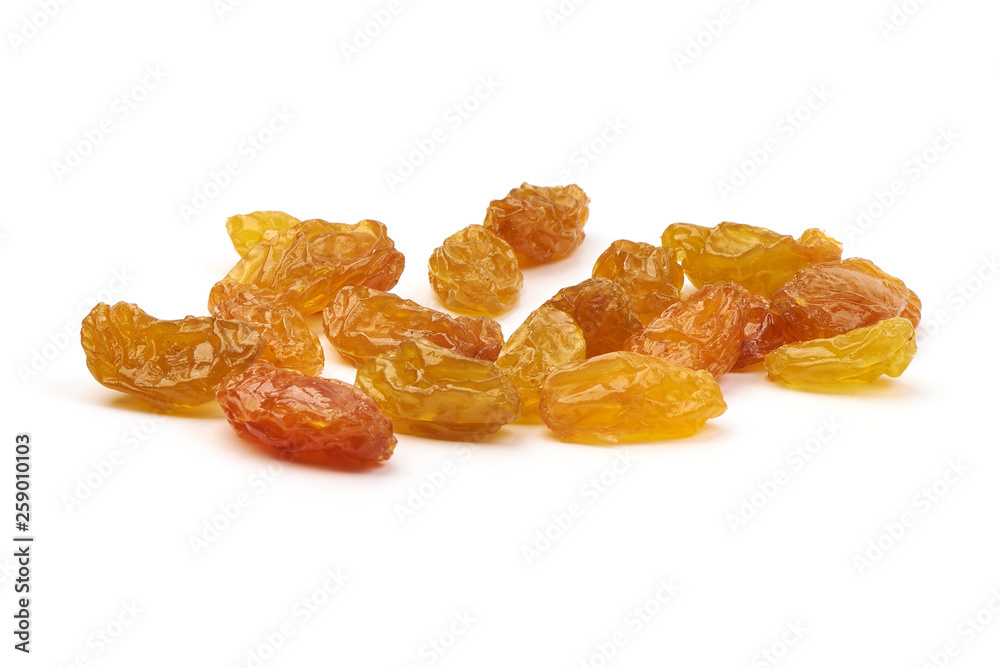 Yellow sweet raisins, dried grapes, close-up, isolated on white background Yellow sweet raisins, dried grapes, close-up, isolated on white background