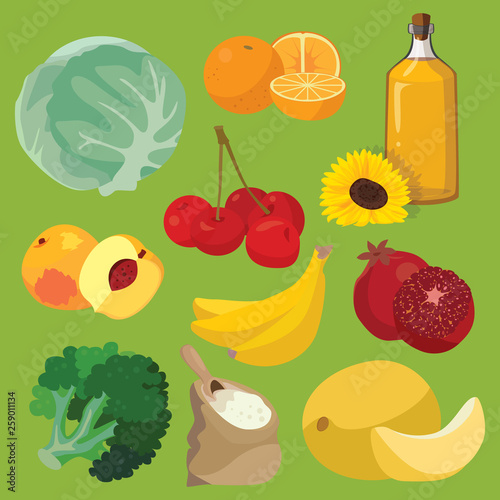 Fototapeta Naklejka Na Ścianę i Meble -  Oil, fruit, vegetables, cereals, berries