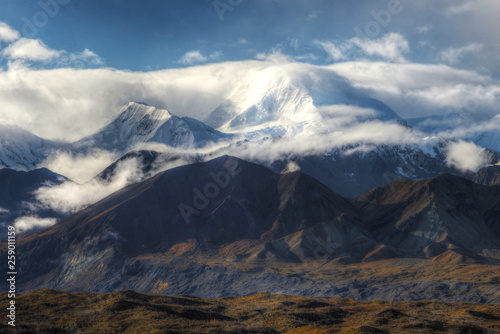 Mt. Denali covered with snow in Denali National Park.