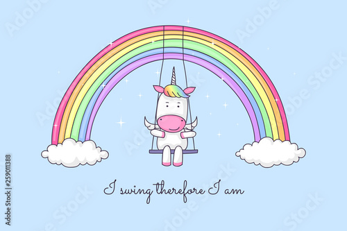 Cartoon unicorn swinging on a rainbow