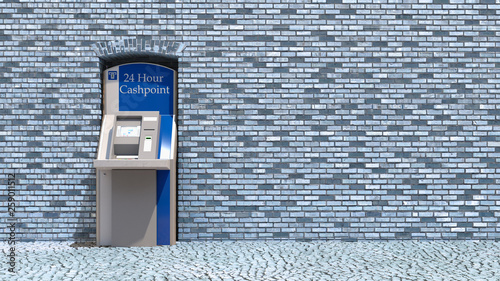 ATM on the street against a brick wall 3d render illustration