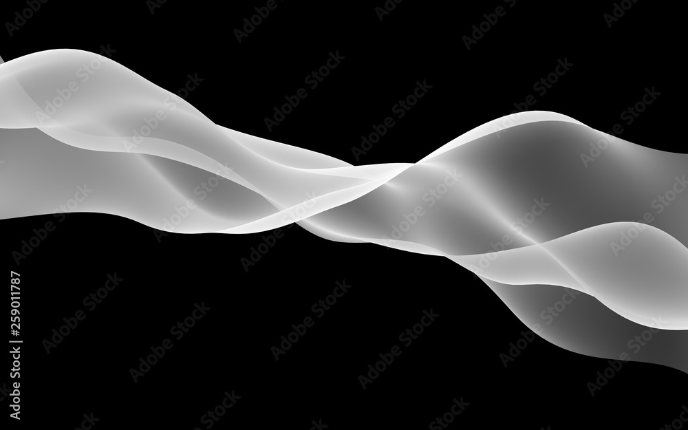 Naklejka Abstract gray wave. Raster air background. Bright gray ribbon on dark background. Gray scarf. Abstract gray smoke. 3D illustration