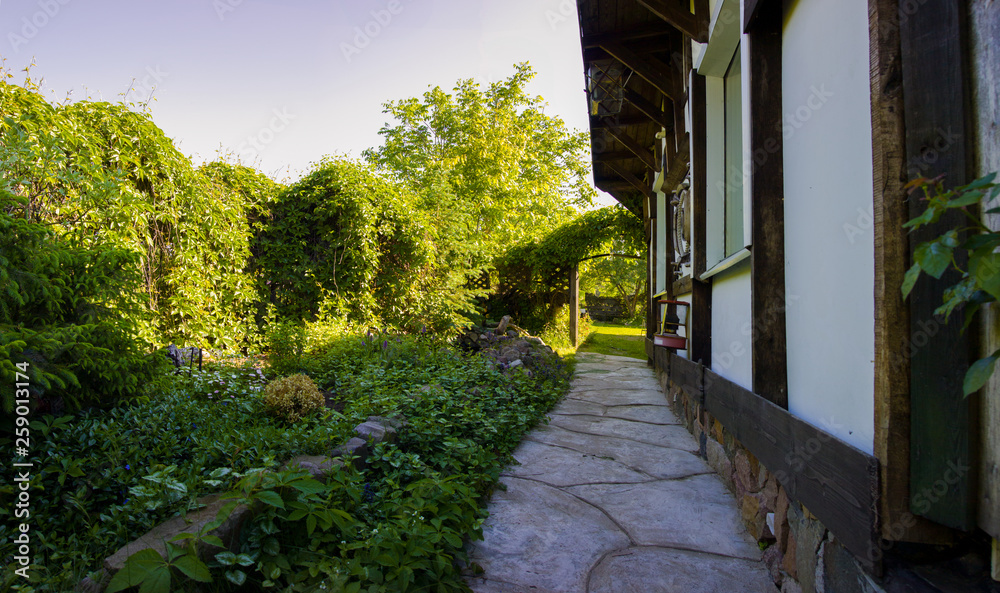 courtyard in the shade of a country house, Sunny summer day