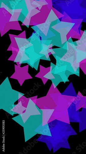 Multicolored translucent stars on a dark background. Vertical image orientation. 3D illustration