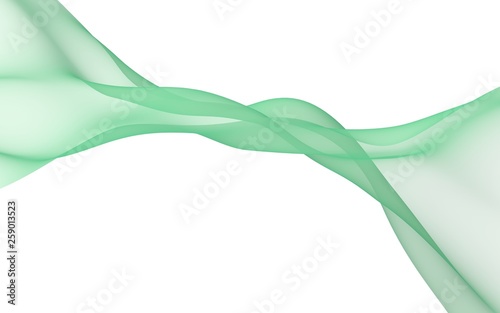 Green color scarf. Abstract green wave. Bright green ribbon on white background. Abstract green color smoke. Raster air background. 3D illustration