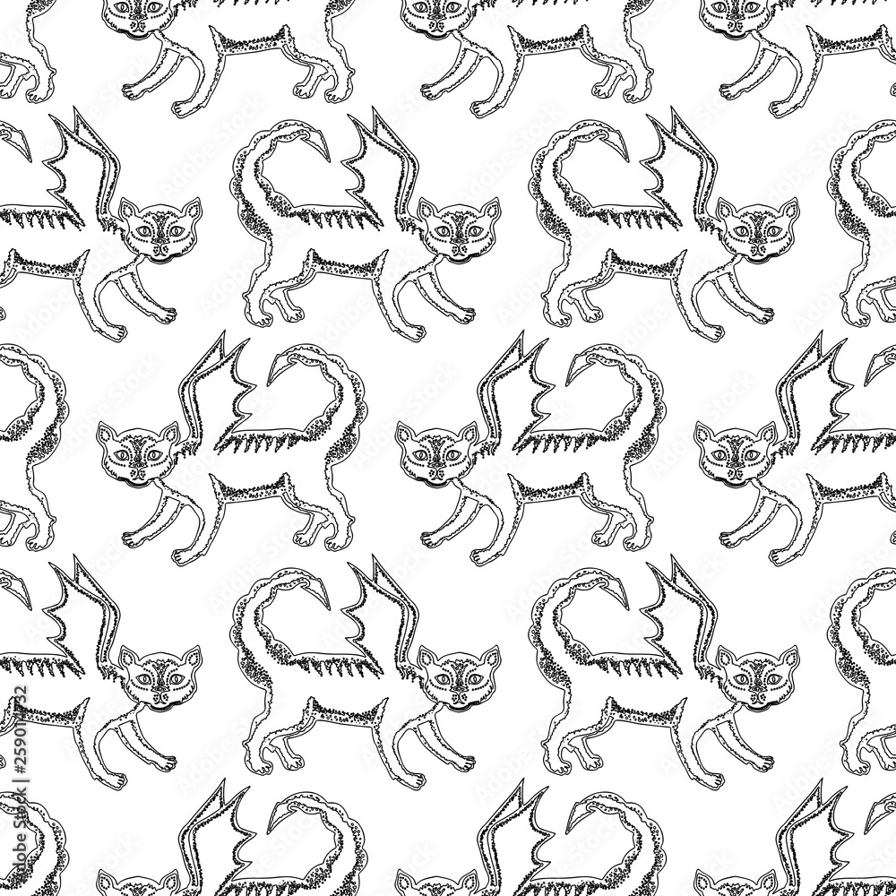 Seamless pattern of outlines of manticore cats Seamless pattern of outlines of manticore cats