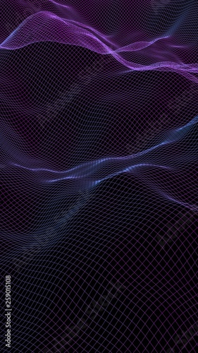 Abstract landscape on a dark background. Cyberspace purple grid. Hi-tech network. 3D illustration