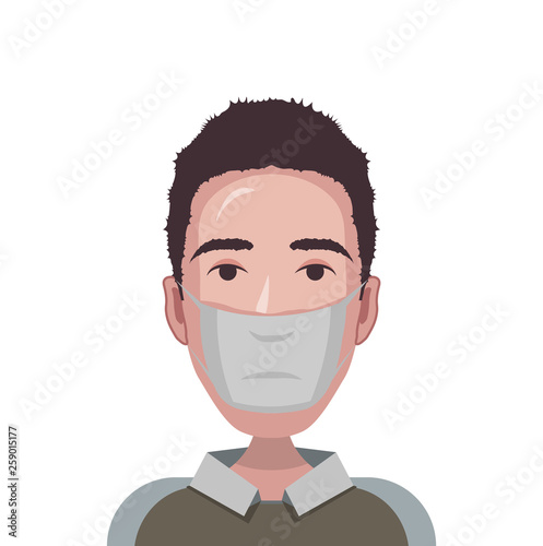 Man in a mask because of fine dust in air. Dusty air pollution. Vector flat illustration.