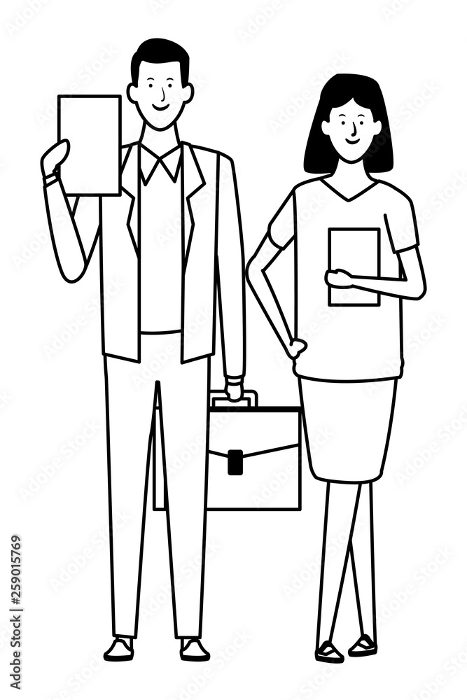 business couple avatar cartoon character black and white business couple avatar cartoon character black and white