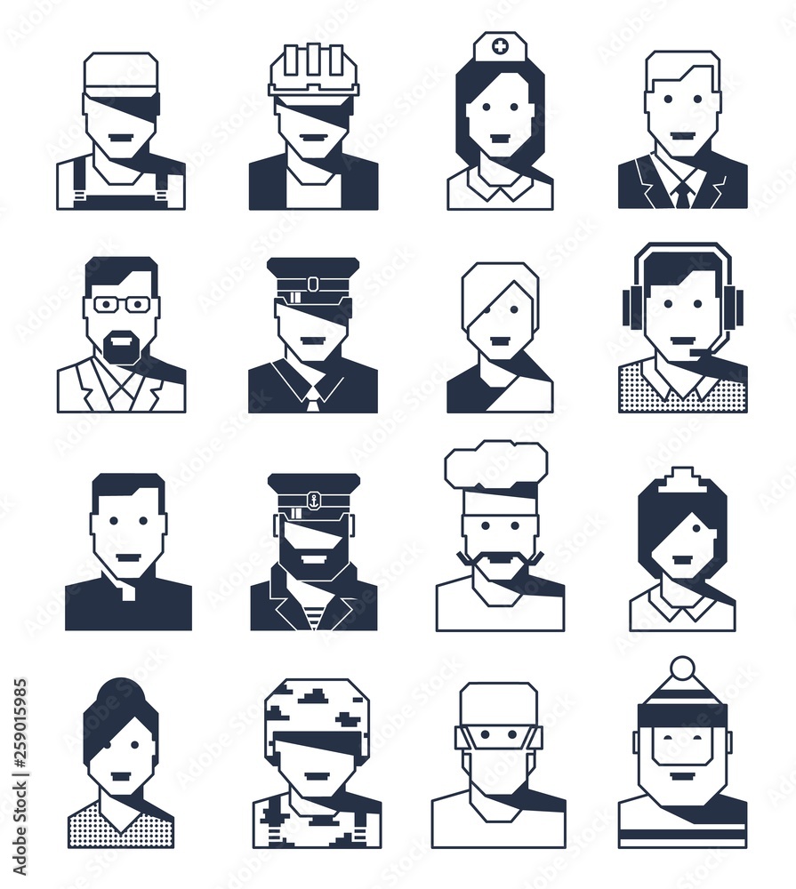 Portraits of people of different professions - a set of contour avatars Portraits of people of different professions - a set of contour avatars