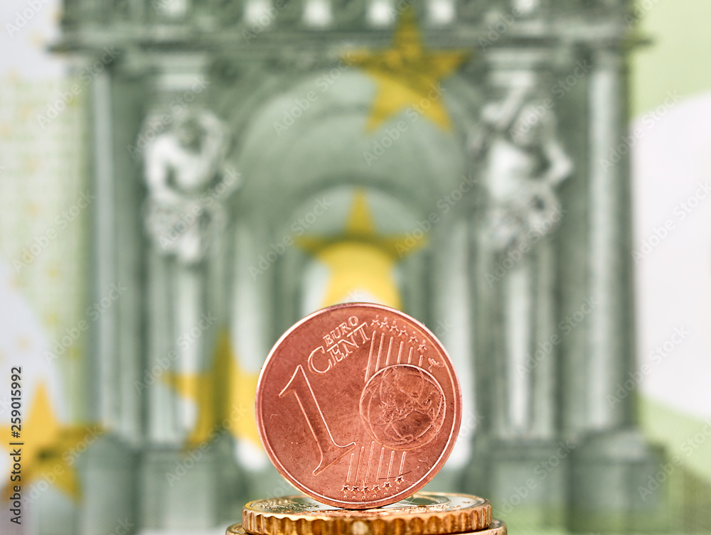 Wunschmotiv: 1 Euro cent against 100 Euro banknote, coins and banknotes of the single European curre